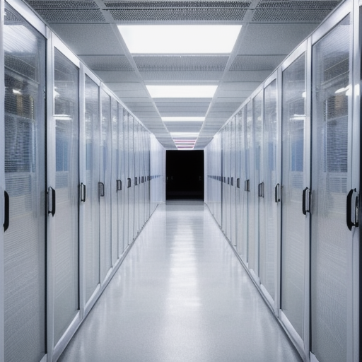 Data center corridor with secure infrastructure lights, no people